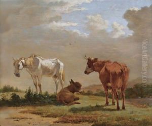 A White Horse, A Cow And A Donkey In A Landscape