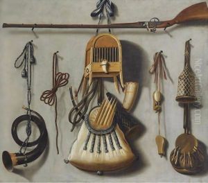 A Trompe L'Oeil Hunting Still Life With A Rifle, A Bird In A Cage, A Hunting Horn, A Bird-Whistle And Other Hunting Gear by Johannes Leemans