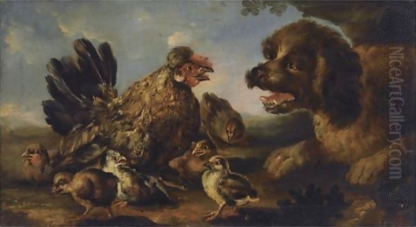 A Young Dog Barking At A Hen With Her Chicks - view 1