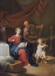 The Holy Family In An Interior With The Virgin Sowing And Joseph Woodworking