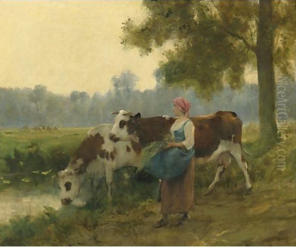 Young Maid With Her Cows At The Water's Edge - view 1