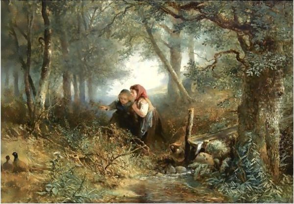 Children Discovering Pheasants Near A Stream - view 1