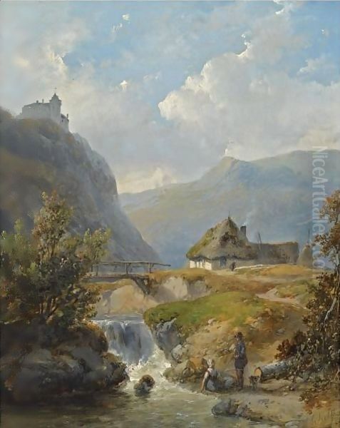 Two Figures Conversing In A Mountainous Landscape - view 1
