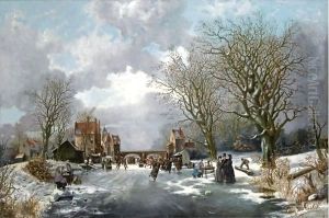 A Dutch Winter Scene With Many Elegant Figures On The Ice by Franciscus Lodewijk Van Gulik