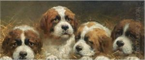 Four Curious Saint Bernards Puppies by Otto Eerelman