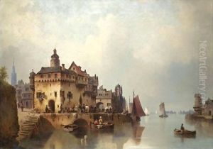 Figures On A Busy Quay Of A Riverside Town by Ludwig Hermann