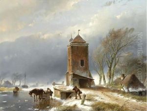 A View Of A Frozen Canal With Figures Near A Horse Drawn Slegde