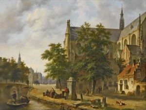Figures Near A Church In A Dutch Town 2 by Bartholomeus Johannes Van Hove