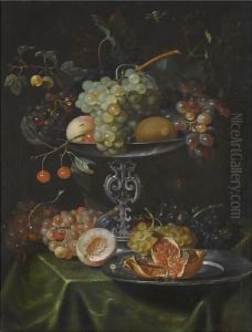 A Still Life With Grapes, Pomegranates And Peaches In A Silver Dish by Jacob Marrel