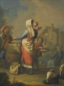 A Mother And Three Children Eating Spaghetti, A Man Smoking A Pipe Beyond by Pietro Fabris