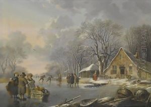 A Winter Landscape With Skaters On A Frozen River Near An Inn by Andries Vermeulen