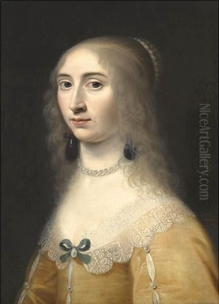 Portrait Of A Lady, Head And Shoulders, Wearing A Yellow Dress And A Pearl Necklace And Headdress - view 1