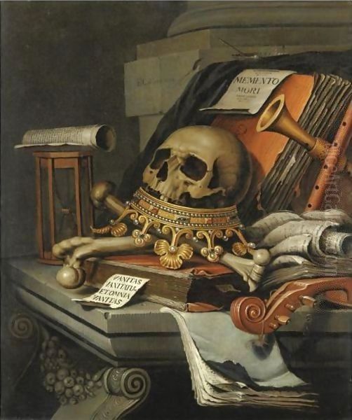 A Vanitas Still Life With A Skull Surmounting A Crown, Books, Scrolls, An Hour-Glass, A Violin And Other Musical Instruments, All Resting Upon A Stone Ledge by Edwart Collier