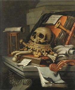 A Vanitas Still Life With A Skull Surmounting A Crown, Books, Scrolls, An Hour-Glass, A Violin And Other Musical Instruments, All Resting Upon A Stone Ledge by Edwart Collier