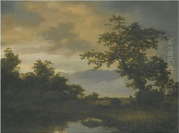A Wooded River Landscape With A Shepherd And His Flock On The Bank by Cornelis Hendricksz. The Younger Vroom