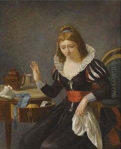 An Elegantly Dressed Lady Seated At A Table And Holding A White Hankerchief by Francois Maury