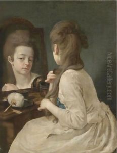An Interior With A Young Lady At Her Toilet, Combing Her Hair Before A Mirror by Johann Anton de Peters