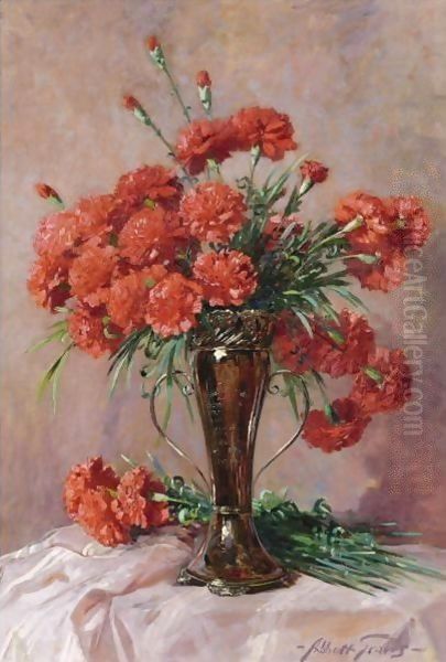 Red Carnations In A Silver Vase - view 1