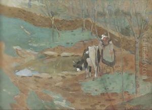 Woman And Cow In A Landscape by Frederick Carl Frieseke