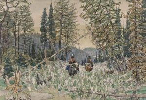 Hunters On Horseback In A Pine Forest by Apollinari Mikhailovich Vasnetsov
