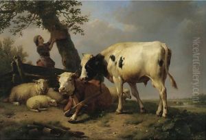 Shepherd Girl With Cattle And Sheep At Rest by Eugene Verboeckhoven