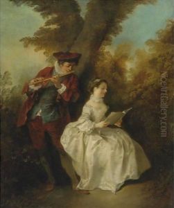 Le Duo, A Young Man Playing The Flute And A Young Woman Singing In A Landscape by Nicolas Lancret