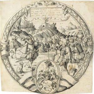 A Roundel With A Historical Scene From And The Arms Of Thomann Of Zurich by Christoph Murer