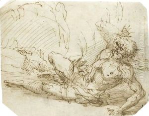 A Bearded Man Sprawled On The Ground With His Right Arm Raised by Salvator Rosa