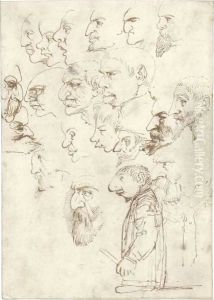 Sheet Of Studies Of 'Caricatures Of Famous Artists Of His Time' by Annibale Carracci