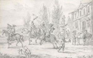 An Elegant Hawking Party Setting Off From A Country House by Barend Gael or Gaal