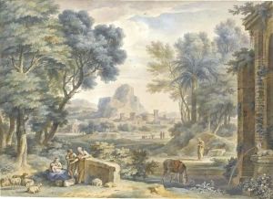 Arcadian Landscape With The Rest On The Flght Into Egypt by Jan Van Huysum