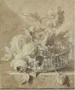 A Basket Of Flowers On A Plinth by Jan Van Huysum