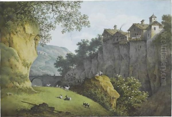 View Of A Ravine In The Mountains, Goats In The Foreground, Houses Perched On A Cliff To The Right - view 1
