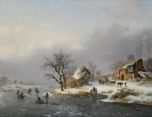 A Winter Landscape With Skaters, A Horse-Drawn Cart On A Path Nearby