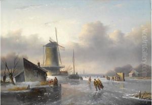 Skaters On A Frozen River, A 'Koek En Zopie' In The Distance