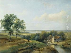A Herd With His Flock In A Panoramic Summer Landscape