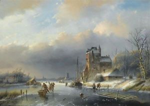 A Winter Landscape With Many Figures On A Frozen Waterway
