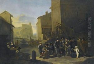 A Roman Market Scene With Peasants Gathered Around A Stove