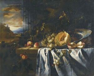 Still Life With A Melon In A Porcelain Bowl Together With Grapes And Peaches On A Wooden Ledge, A Landscape Beyond by Gregorius De Coninck