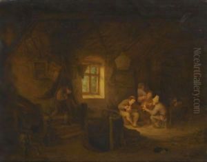A Tavern Interior With Peasants Drinking Beneath A Window by Adriaen Jansz. Van Ostade