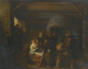 The Interior Of A Tavern With Peasants Cavorting And Drinking