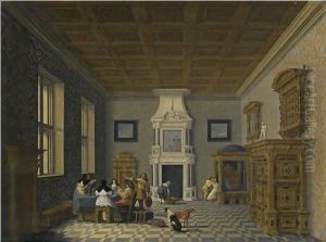 A Palace Interior With Cavaliers Cavorting With Nuns