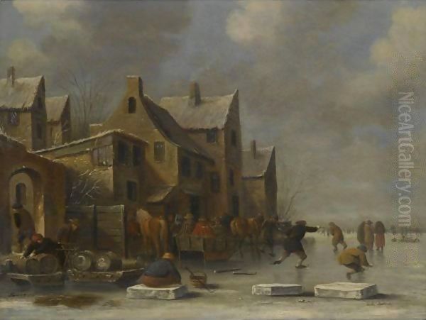 A Winter Landscape With A Resting Kolf Player And Other Figures Skating On A Frozen River - view 1