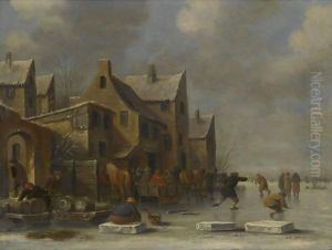 A Winter Landscape With A Resting Kolf Player And Other Figures Skating On A Frozen River by Thomas Heeremans