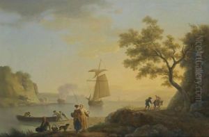 An Extensive Coastal Landscape With Fishermen Unloading Their Boats And Figures Conversing In The Foreground by Claude-joseph Vernet