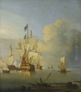 British Men Of War At Anchor With The Royal George Firing A Salute by Peter Monamy