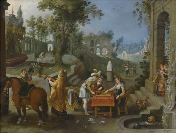A Palace Garden With Elegant Figures Playing Backgammon - view 1