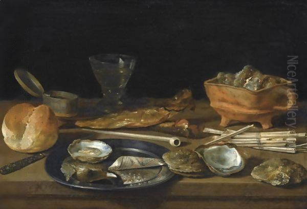 Still Life With A Brazier, A Wine-Glass, A Bread Roll, Smoking Paraphenalia, Two Herrings And A Pewter Plate - view 1