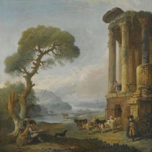 A River Landscape With An Artist Sketching Beneath A Ruined Temple, Possibly The Temple Of The Sibyl At Tivoli by Hubert Robert