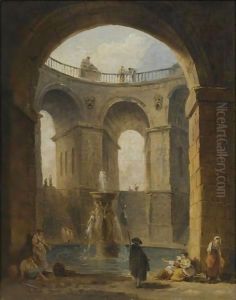 An Architectural Capriccio With Figures Gathered Around A Fountain